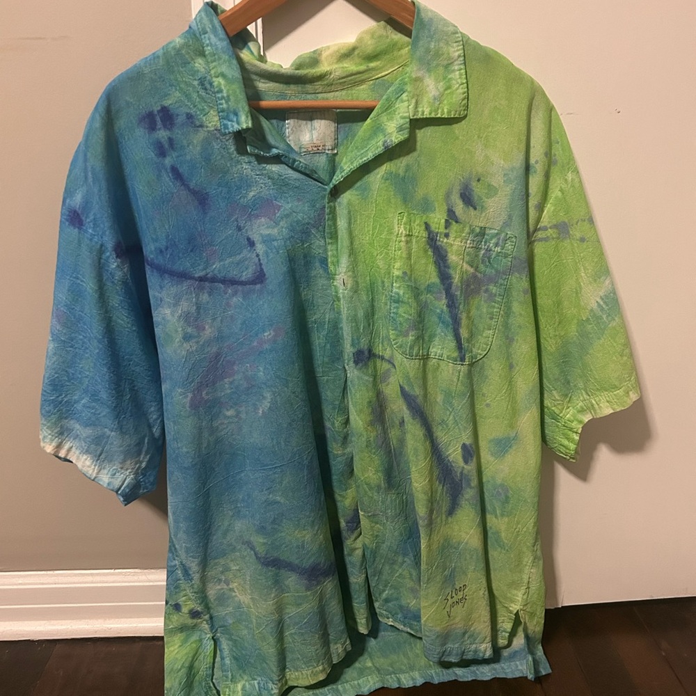 Blue and Green Casual Button Down Shirt with Tie-Dye Effect